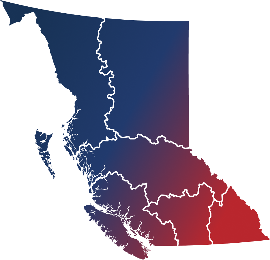 Map of British Columbia highlighting the seven regions represented by MNBC.